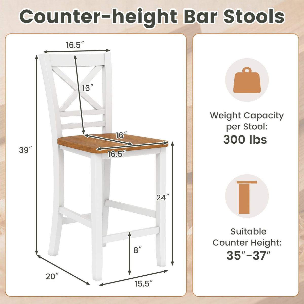 A stool dimension graphic shows measurements alongside weight capacity and counter-height guidance.