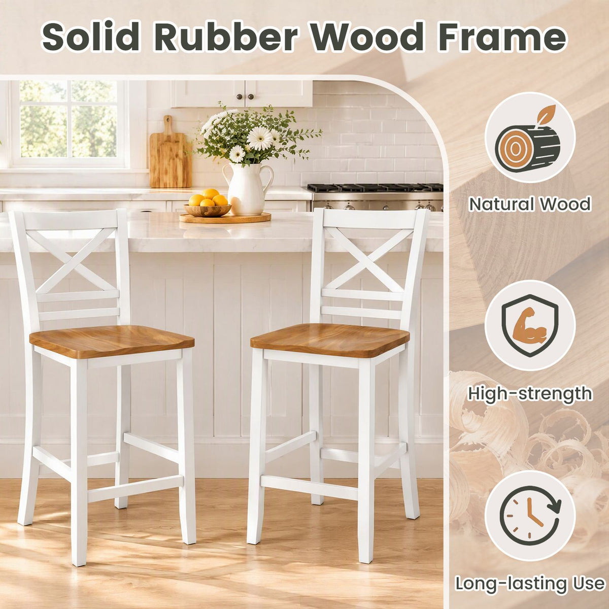 Two white cross-back bar stools with wood-tone seats beside a kitchen island.