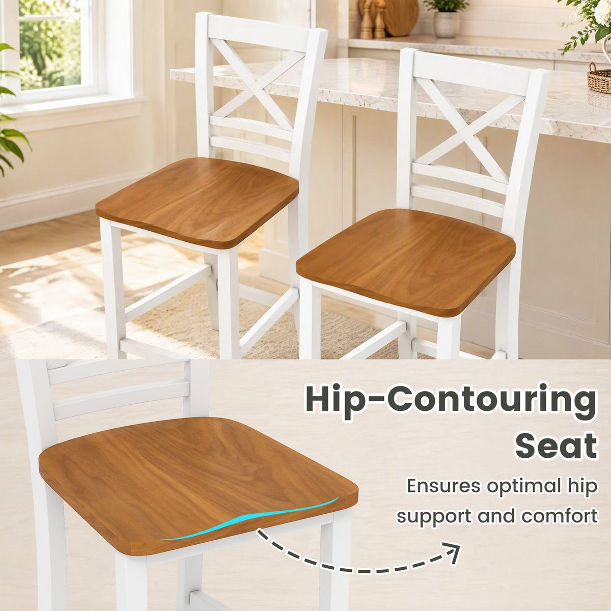 Two bar stools in a bright kitchen, with a close-up of a contoured wood-tone seat.