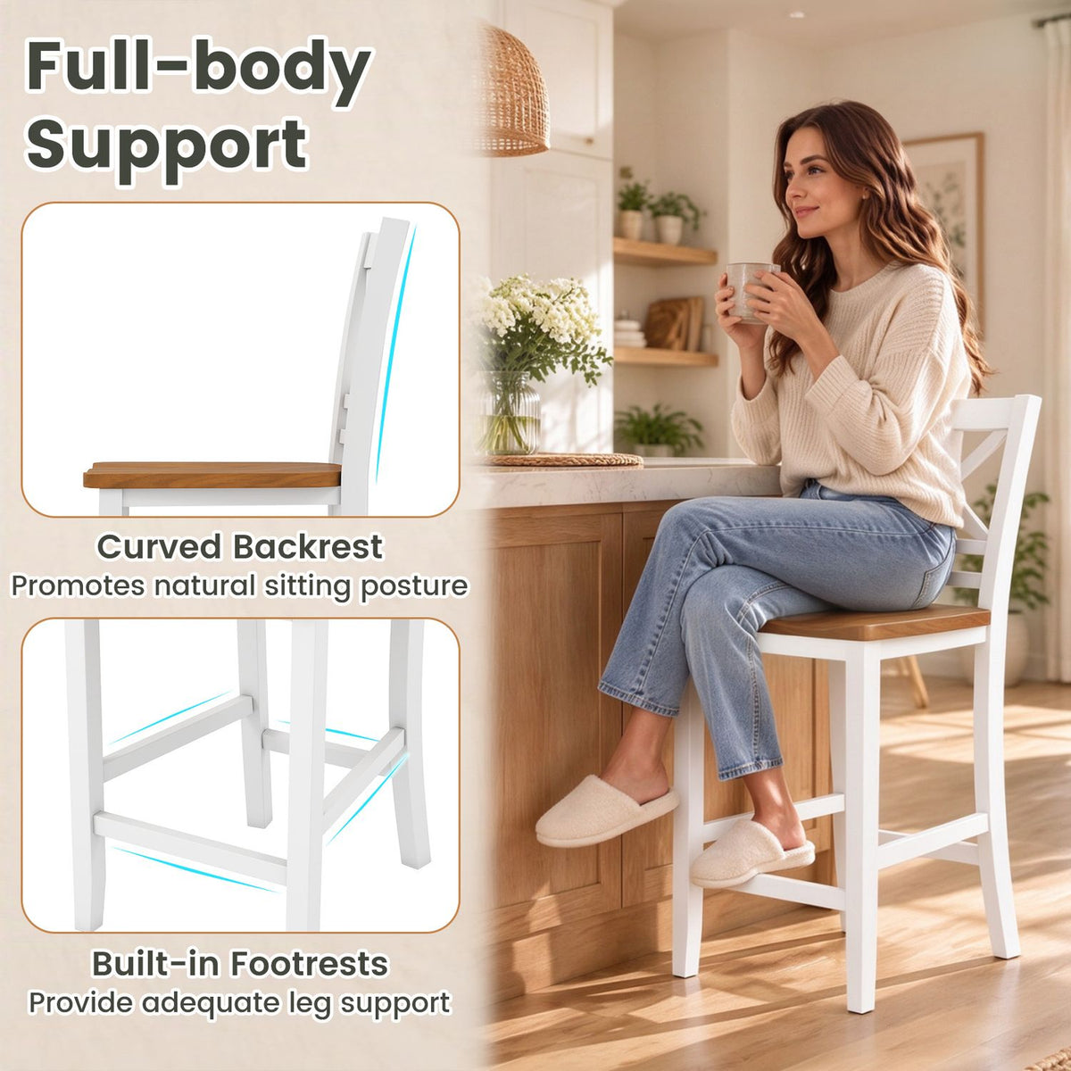 A woman sits on a white cross-back bar stool, with inset views of the backrest and footrest.