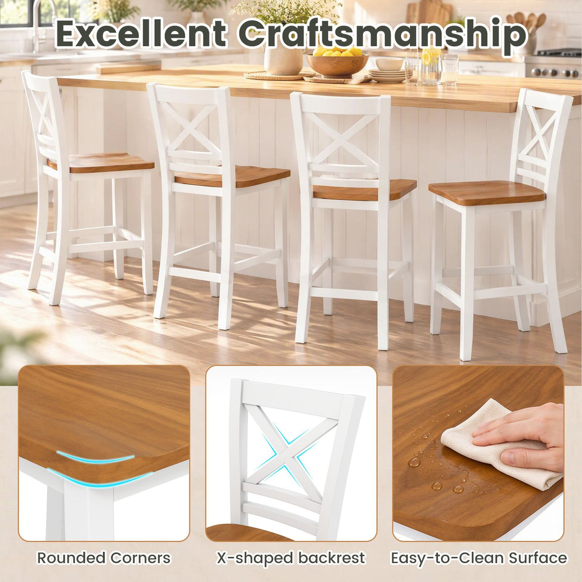 White cross-back bar stools line a kitchen counter, with close-ups of the seat, backrest, and surface.