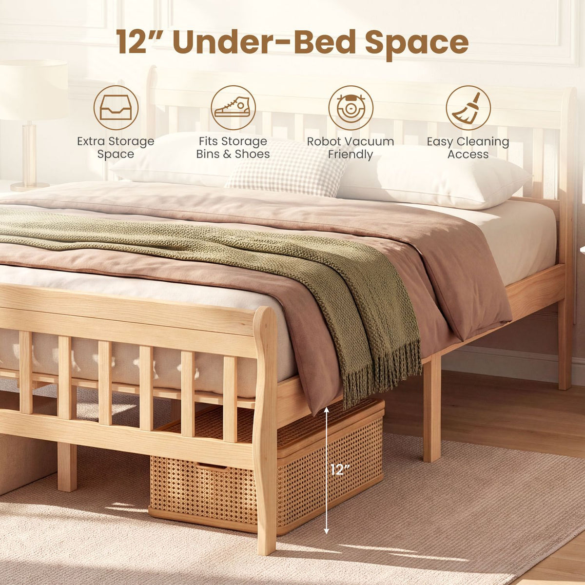 Close view of the bed frame and woven basket beneath it, with icons highlighting the open space underneath.