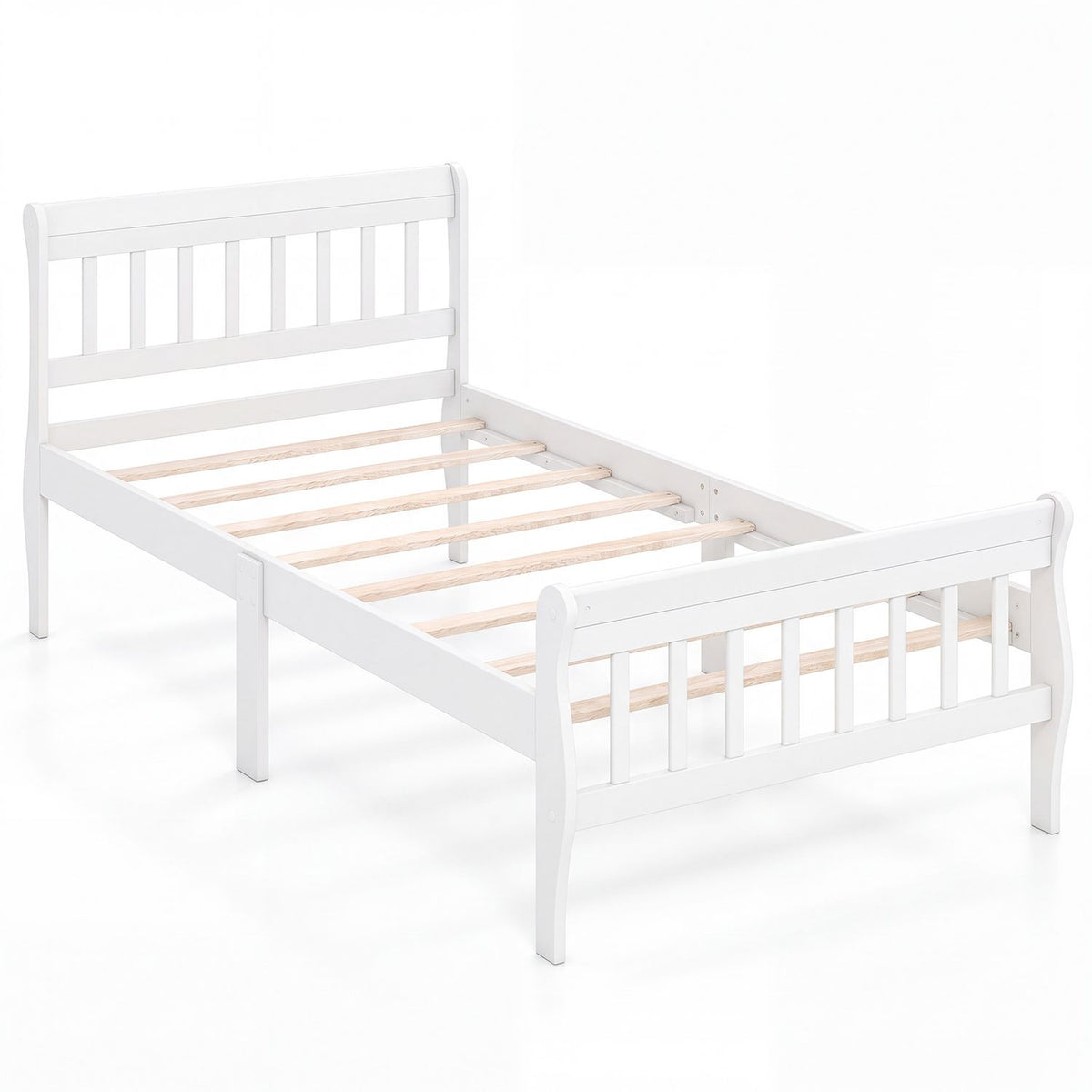 White slatted platform bed frame with natural wood slats, angled view on white background