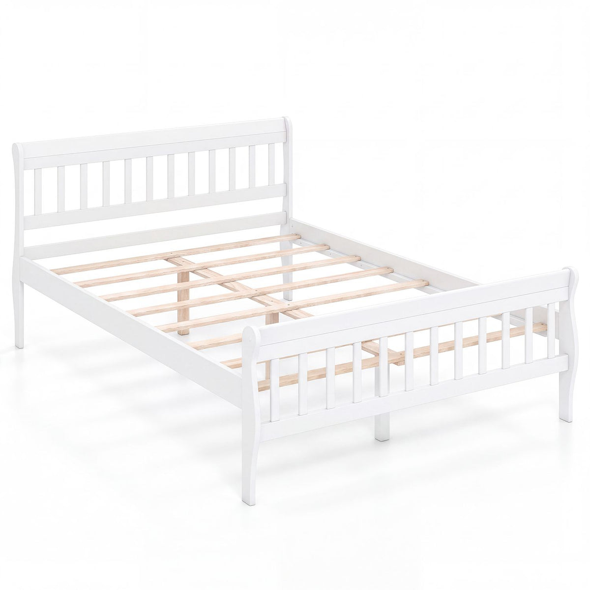 White platform bed frame with natural wood slats, angled front view on white background