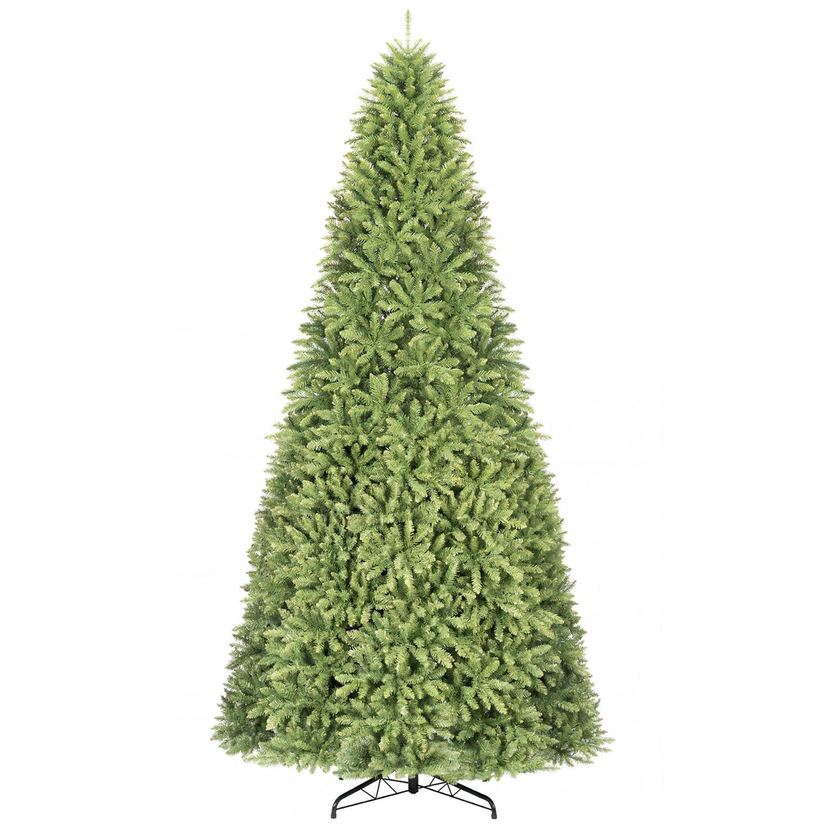 Unadorned green artificial tree shown upright against a white background with a folding metal stand.