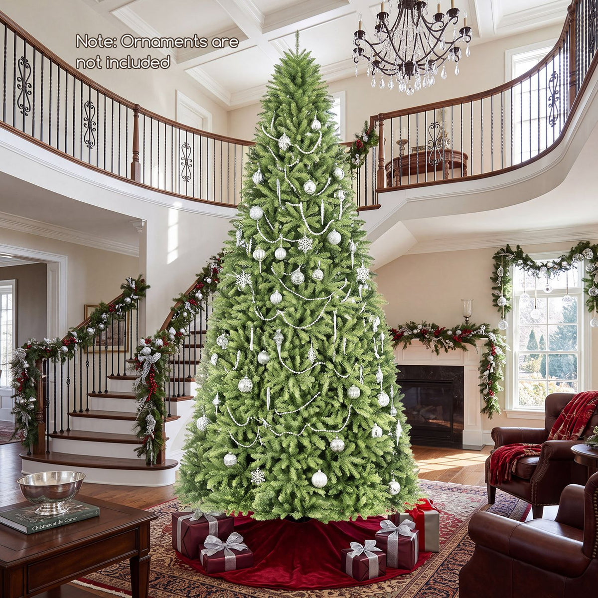 Tall green Christmas tree decorated with white ornaments and garlands in a grand living room.