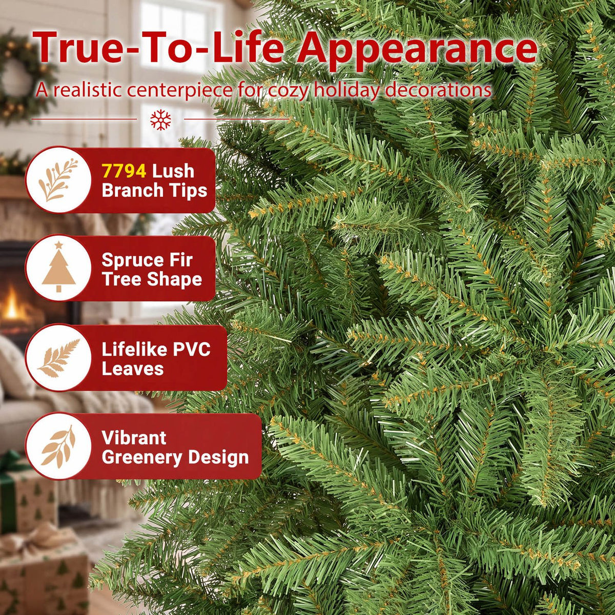 Close-up of dense green artificial spruce branches beside feature callouts in a holiday room setting.