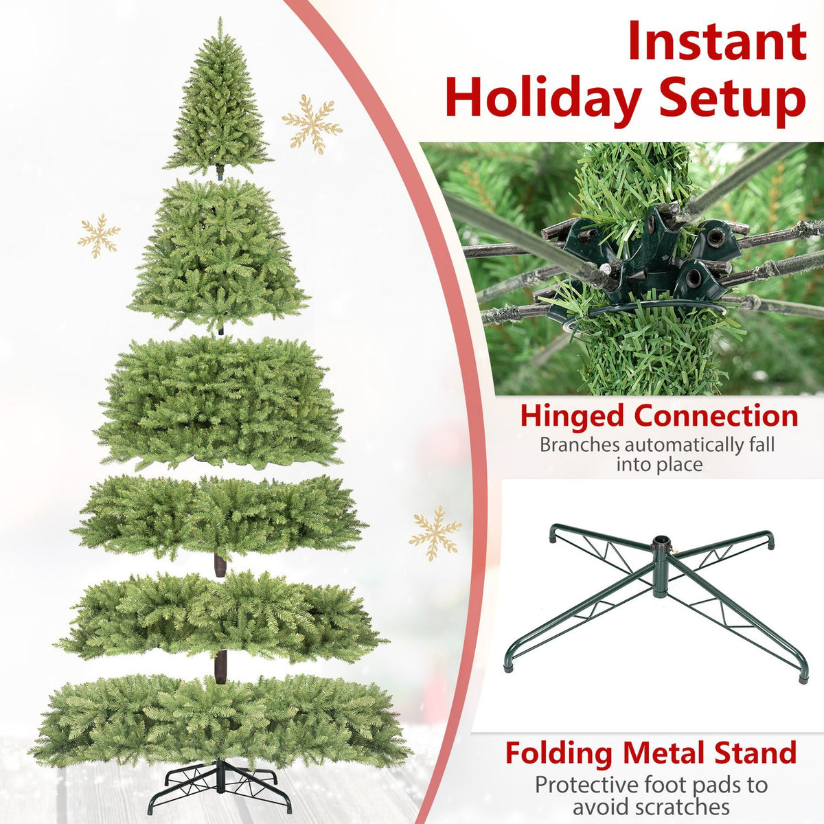 Tree sections are shown separated above a folding metal stand, with close-ups of a hinged branch connection and stand.