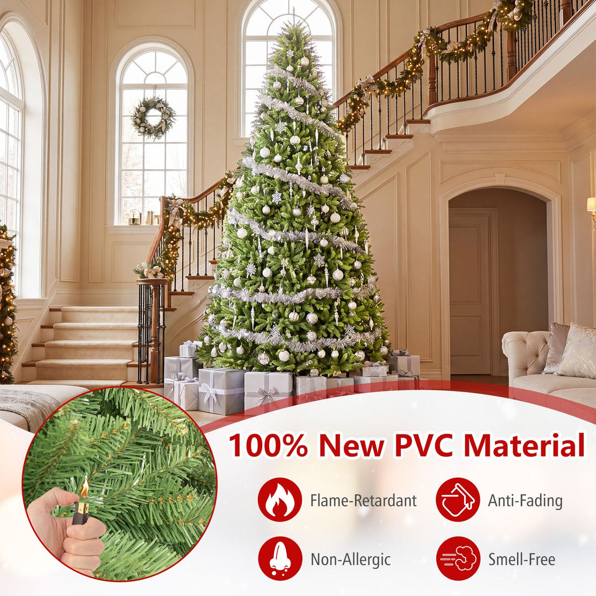 Tall decorated green Christmas tree stands in a bright foyer beside a curved staircase, with a close-up inset of its