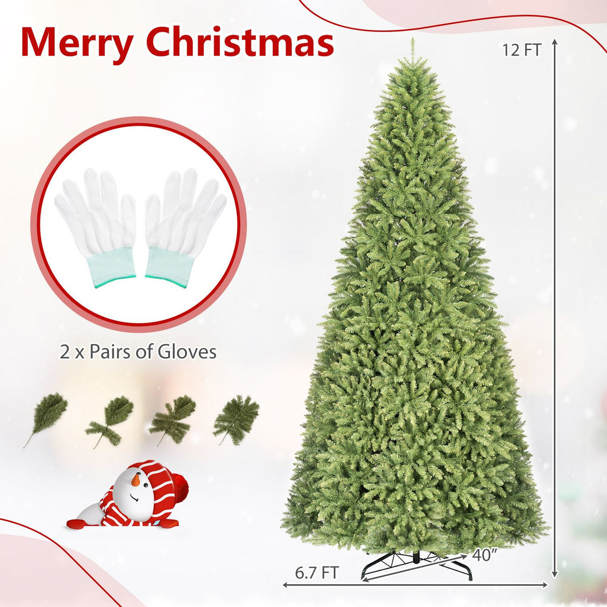 Green tree with metal stand shown beside a height arrow, base-width arrow, and an illustration of gloves.