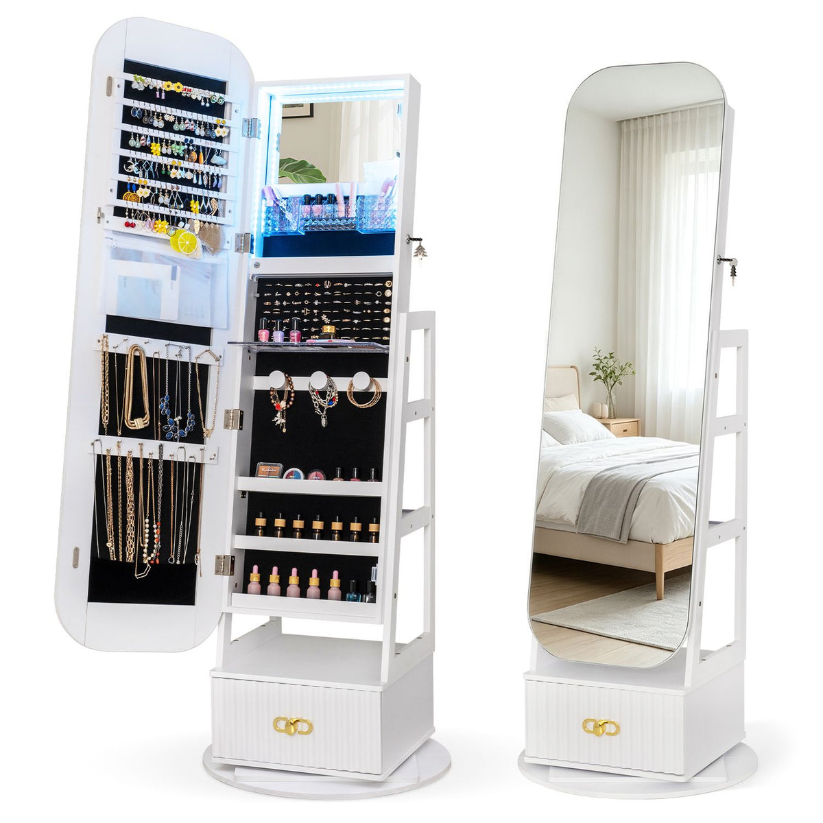Swivel Jewelry Cabinet with Full-Length Mirror and LED Lights and Storage Shelves, White