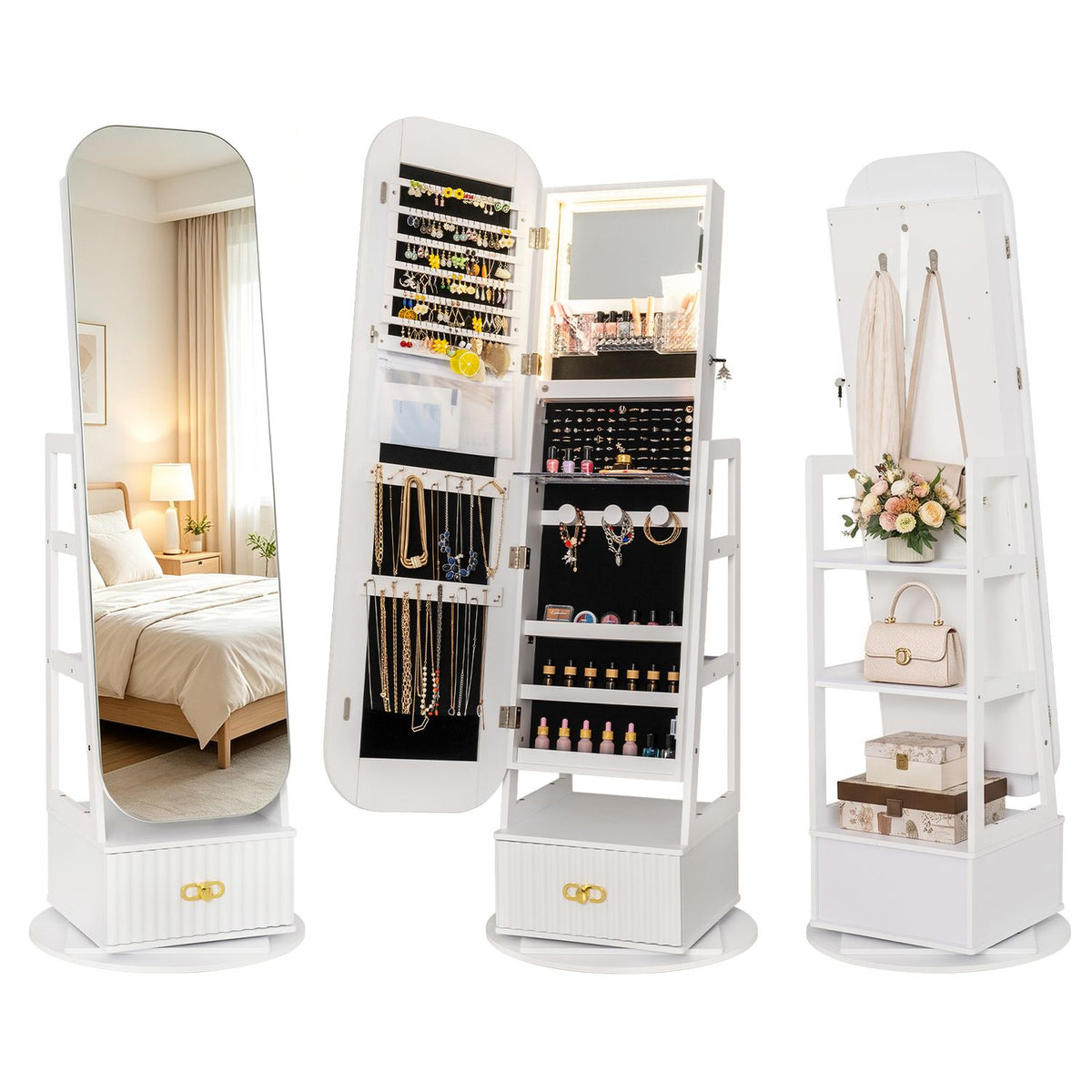 Swivel Jewelry Cabinet with Full-Length Mirror and LED Lights and Storage Shelves, White