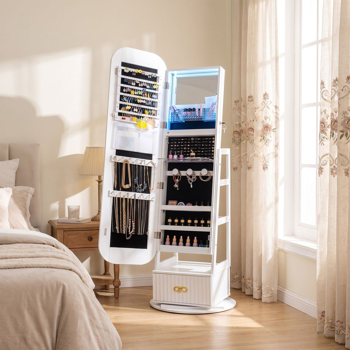 Swivel Jewelry Cabinet with Full-Length Mirror and LED Lights and Storage Shelves, White