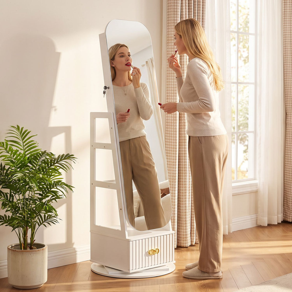 Swivel Jewelry Cabinet with Full-Length Mirror and LED Lights and Storage Shelves, White