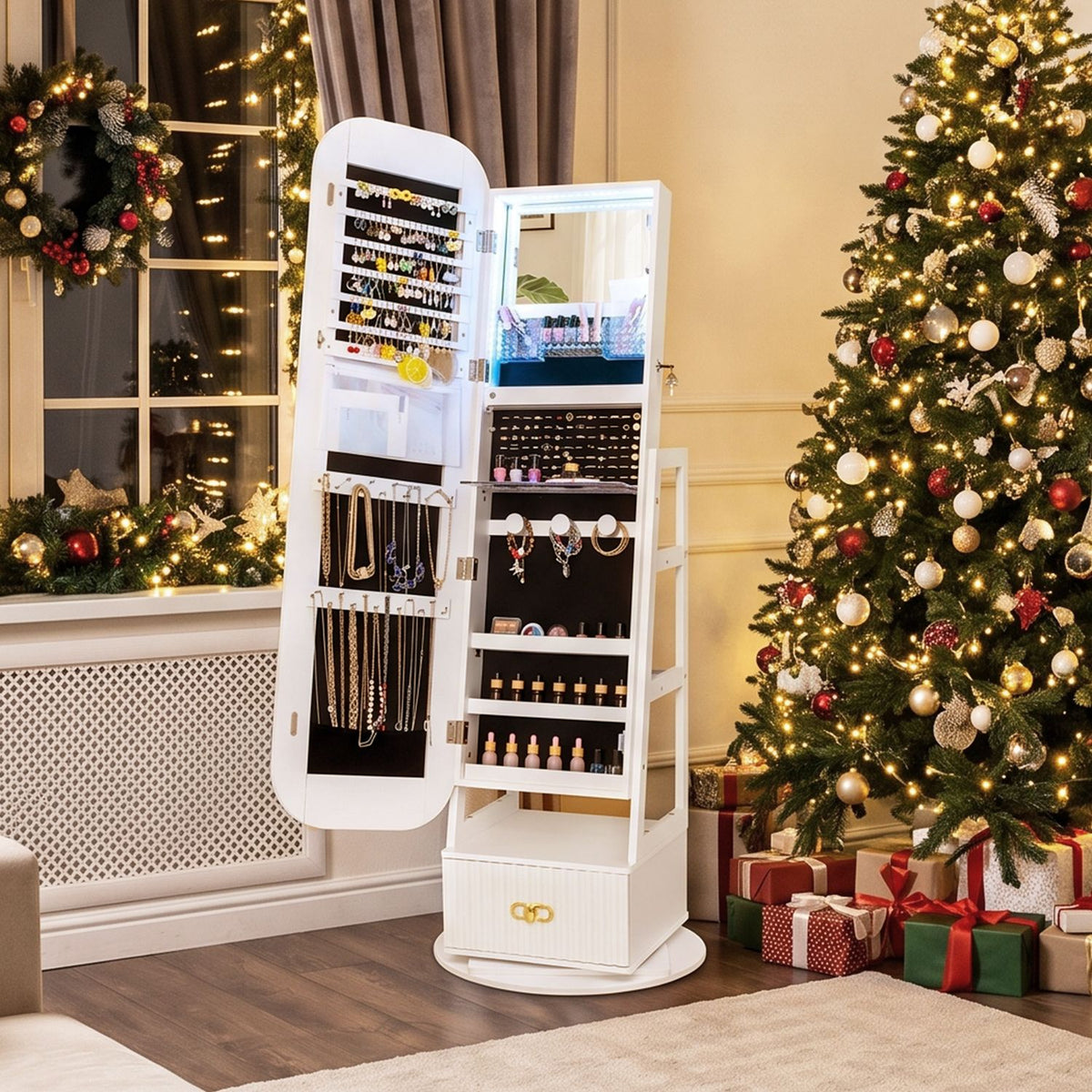 Swivel Jewelry Cabinet with Full-Length Mirror and LED Lights and Storage Shelves, White