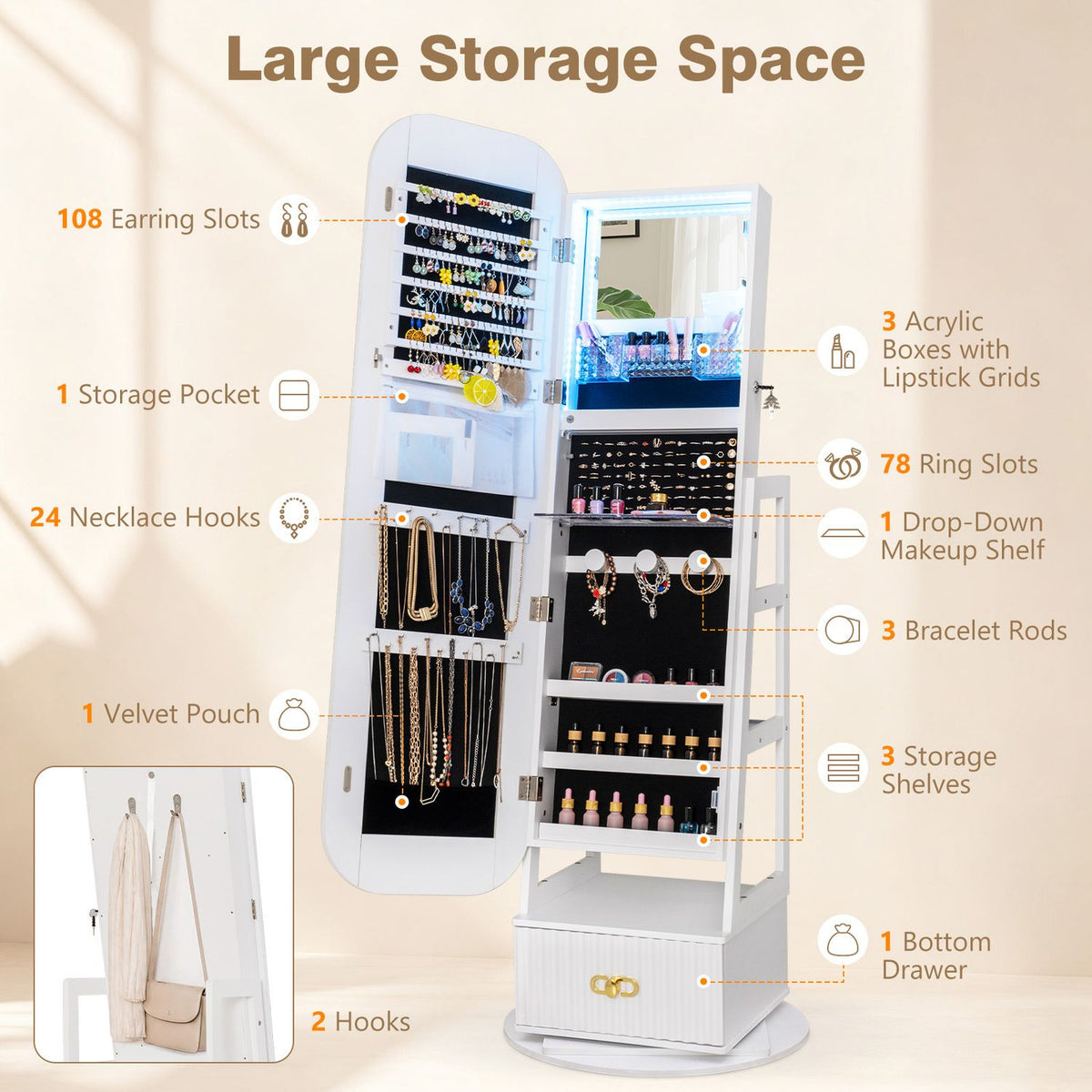 Swivel Jewelry Cabinet with Full-Length Mirror and LED Lights and Storage Shelves, White