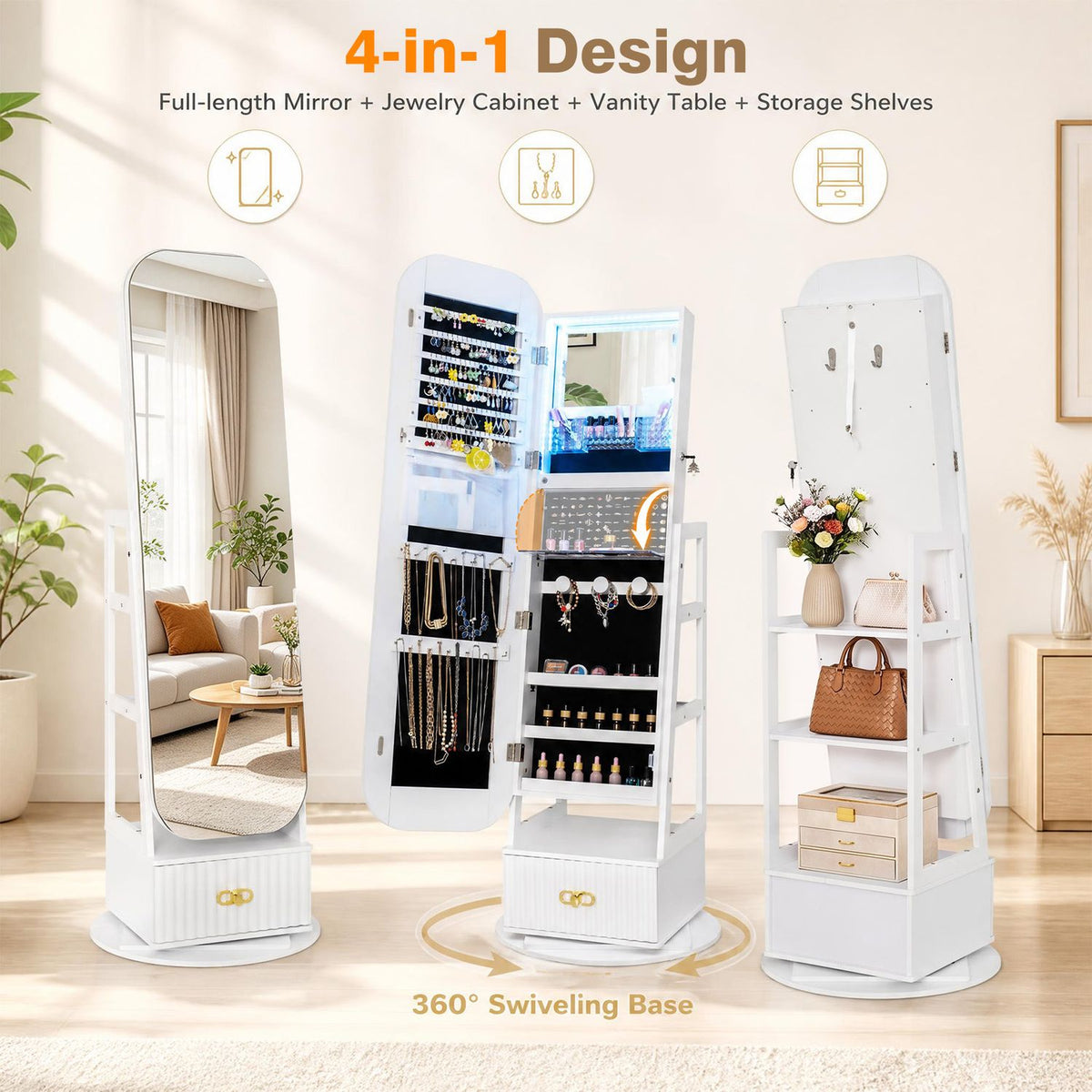 Swivel Jewelry Cabinet with Full-Length Mirror and LED Lights and Storage Shelves, White