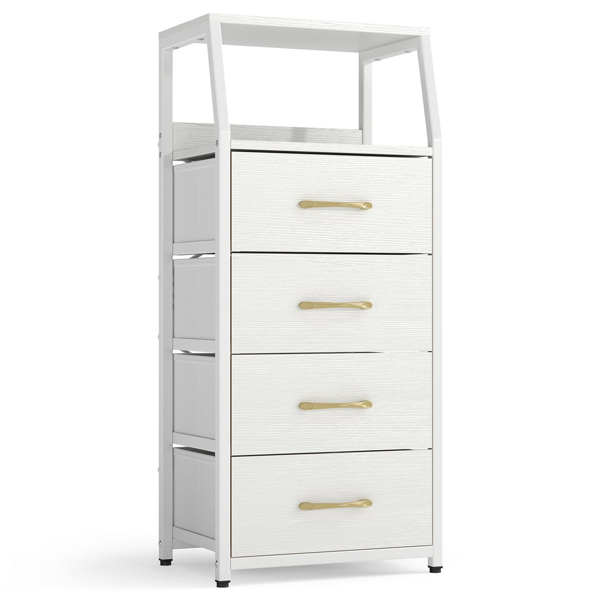 Closer angled view of the dresser, showing its four drawers, upper open space, and side frame.