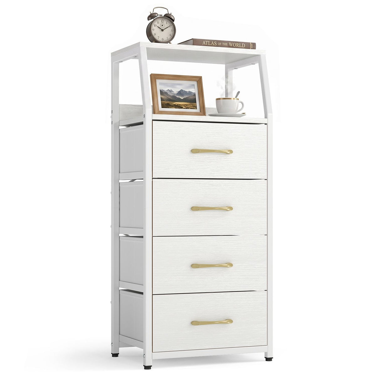 White dresser shown against a plain background, with four drawers, an open shelf, and a slim frame.