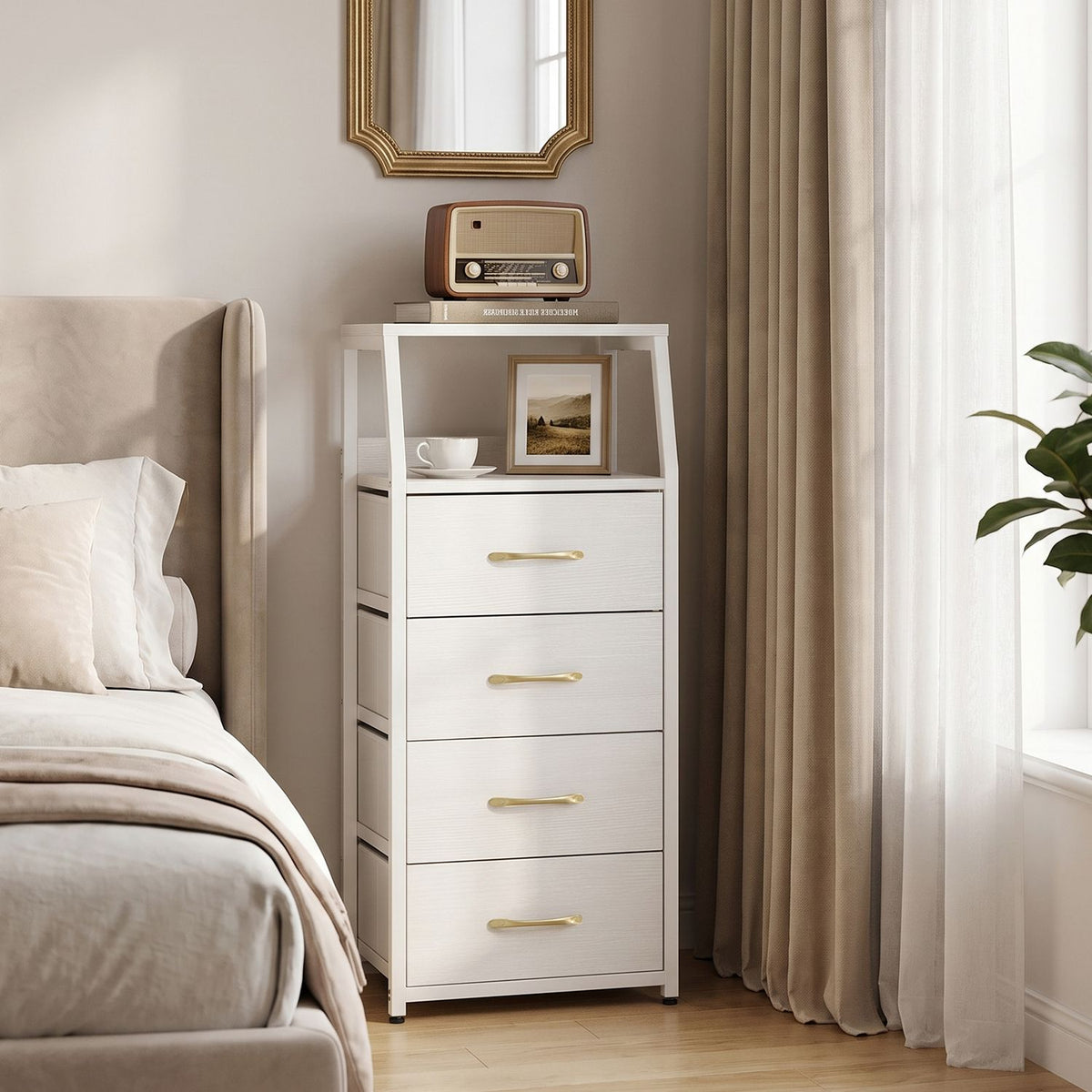 White four-drawer dresser with an open display shelf beside a bed and bright window.