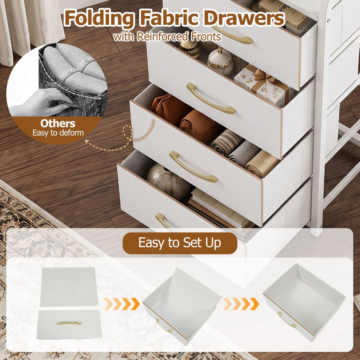 Several open fabric drawers reveal stored items, with a small inset showing a drawer being assembled.