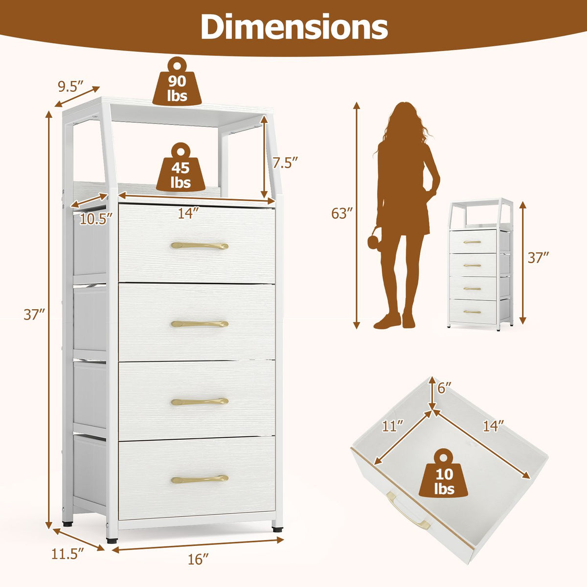 Illustrated dresser with measurement arrows, a person silhouette, and a separate drawer view.
