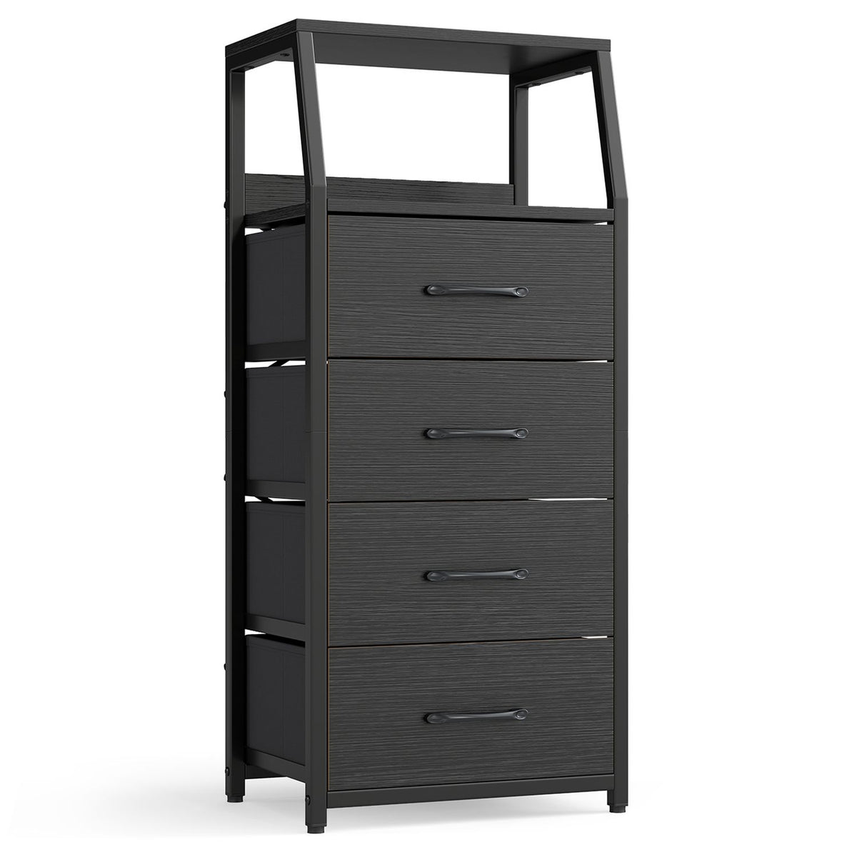 Dark dresser with four textured drawer fronts and open side shelving, shown without decor.