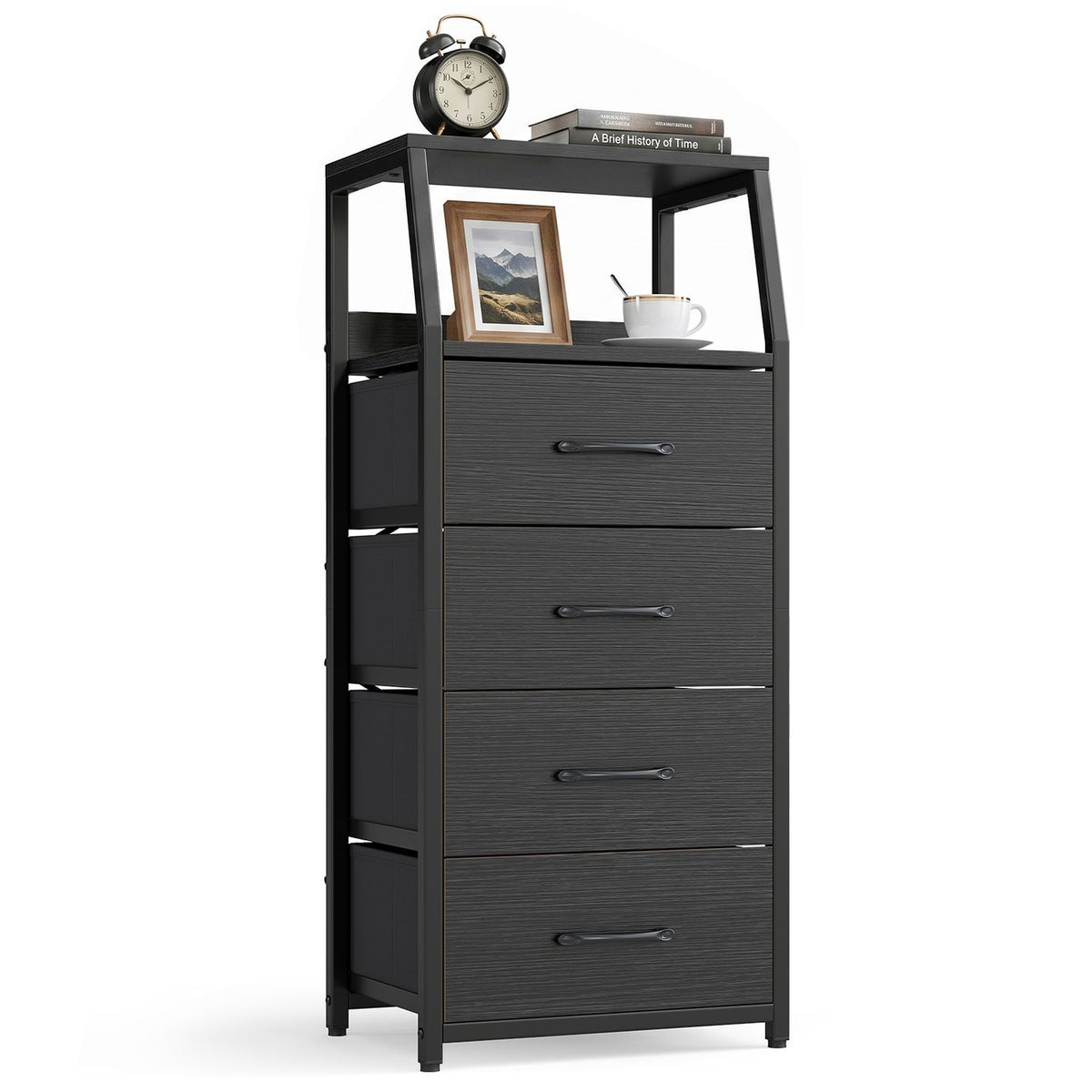 Angled view of a dark dresser with four fabric drawers and open shelving, against a white background.