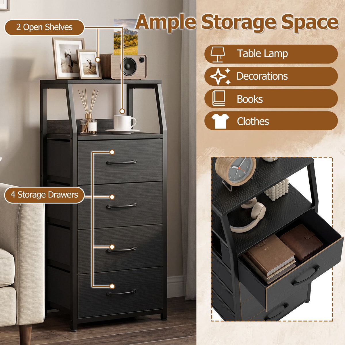 A dark four-drawer dresser with two open shelves is shown beside an inset view of an open drawer.