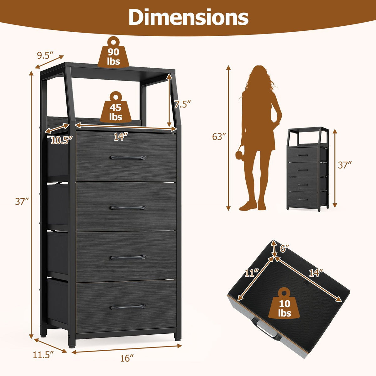 Dimension graphic showing a tall dark dresser with four drawers, open side shelves, and separate shelf and drawer views.
