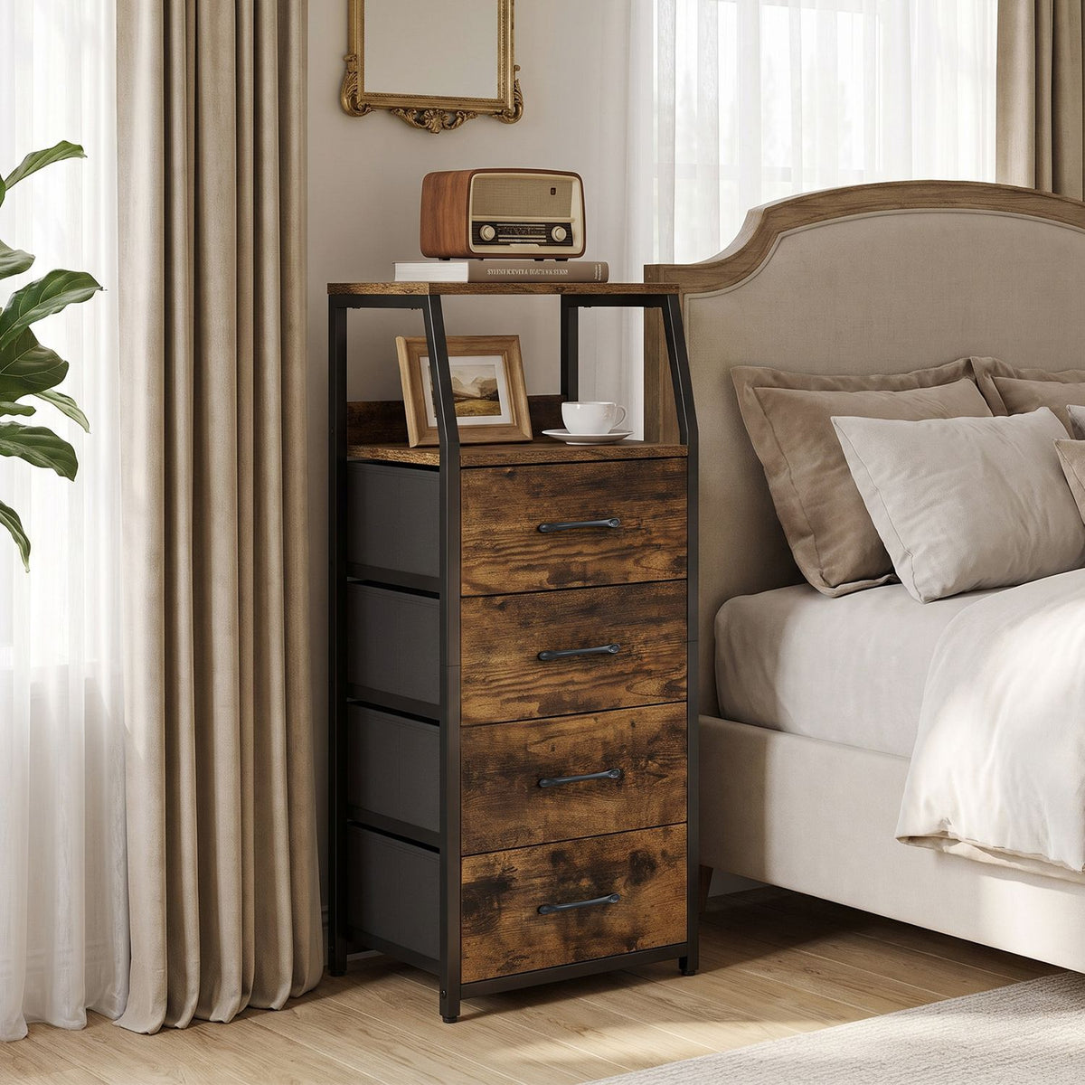 A brown wood-look dresser with open shelves stands beside a bed in a softly lit bedroom.