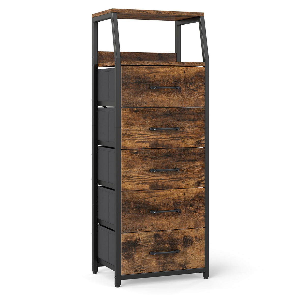 Rustic brown and black tall dresser shown at an angled front view on white