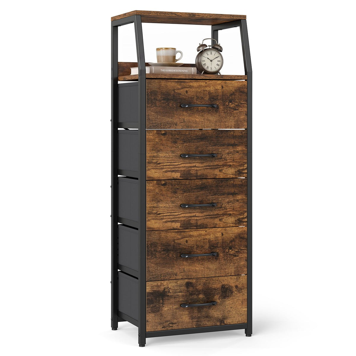 Rustic brown and black five-drawer dresser with items displayed on its open shelf