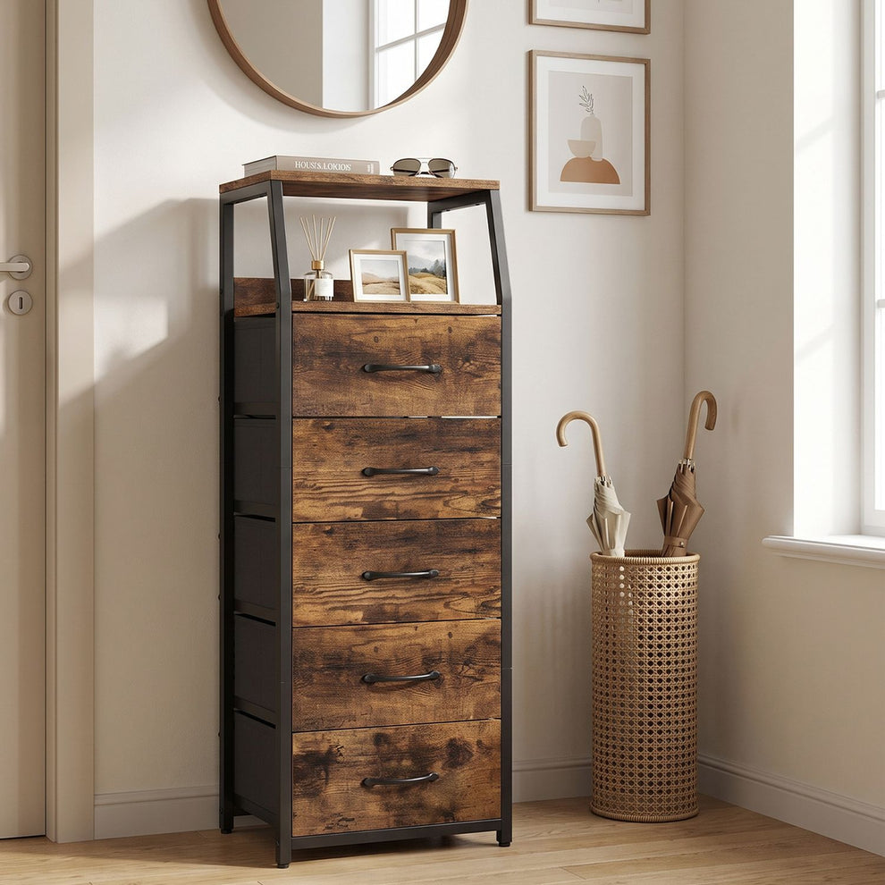 Rustic brown tall dresser with five drawers and open shelves beside a woven umbrella stand