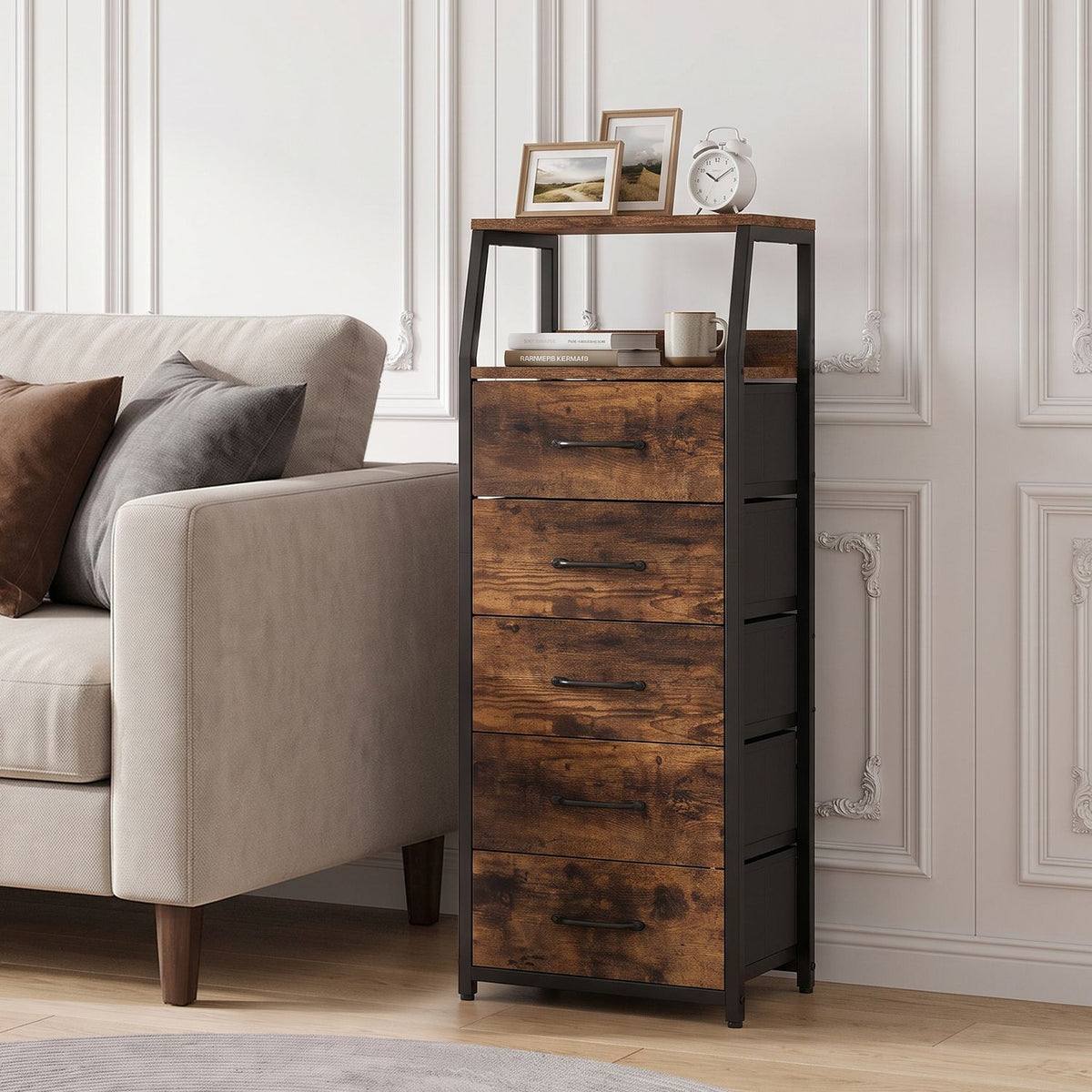 Rustic brown five-drawer dresser with open shelves beside a light sofa