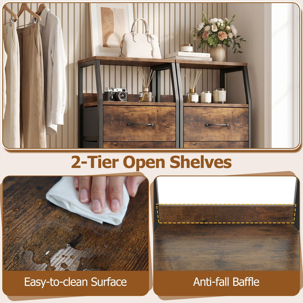 Close-ups show the dresser’s open shelves, a hand wiping its wood-look surface, and a raised back edge.