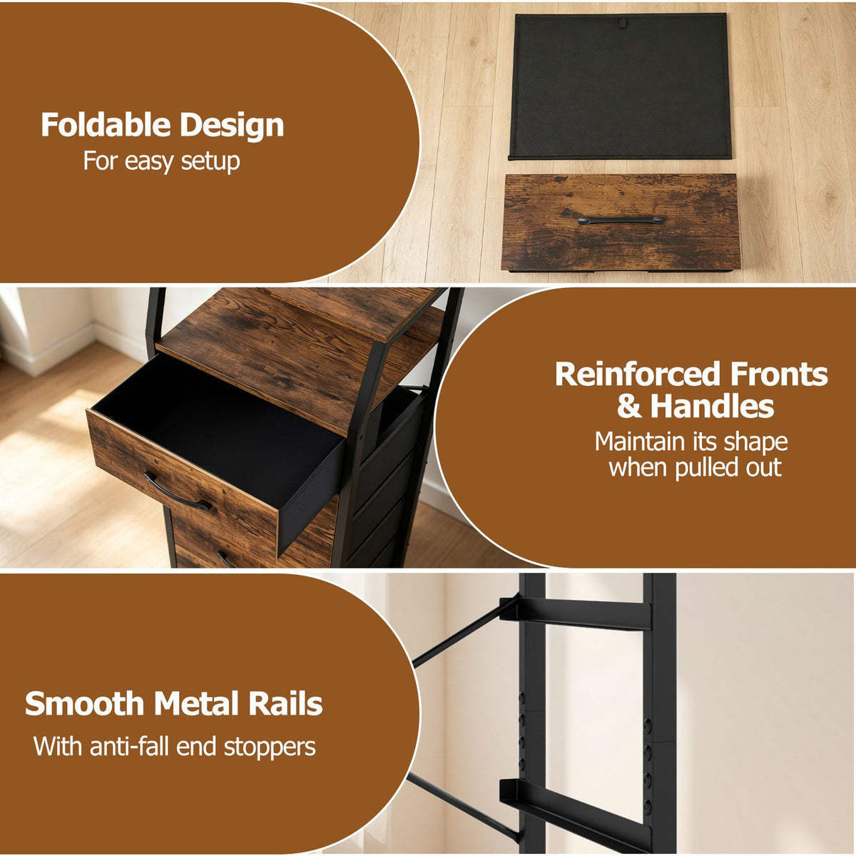 Panels show a drawer pulled from the dresser, its dark metal frame, and close-ups of drawer fronts and rails.