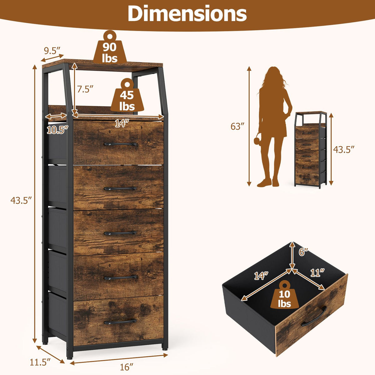 Dresser dimensions graphic showing a rustic brown five-drawer unit and drawer measurements