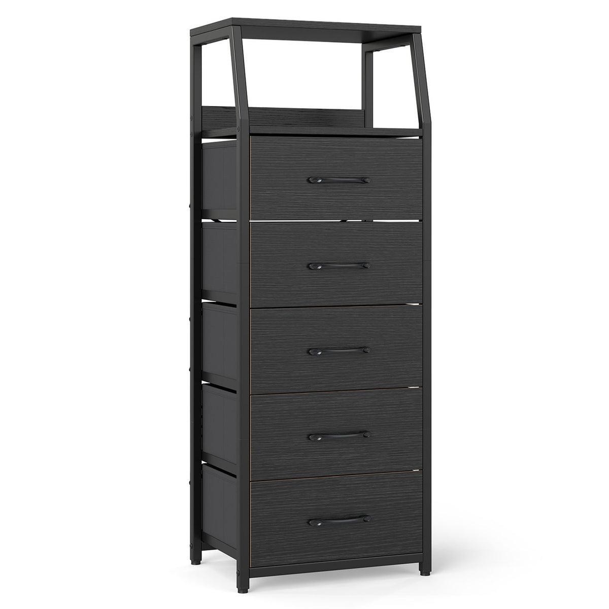 Freestanding black dresser shown against a white background, with five drawers and two open shelves.