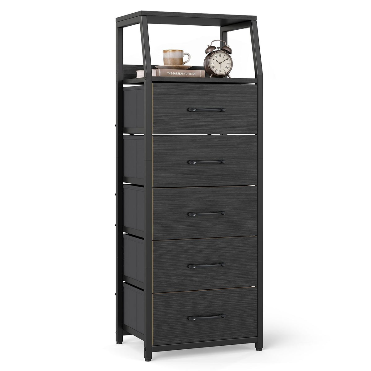 Black dresser with five front drawers and open upper shelving, displayed with a mug and clock.