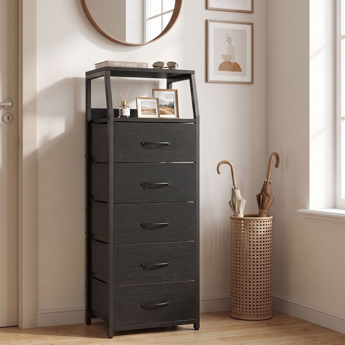 Tall black five-drawer dresser with open shelves styled beside a window and umbrella stand.