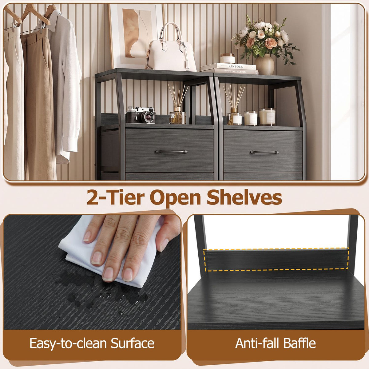 Close-ups show the charcoal dresser's open shelves, a hand wiping its surface, and a raised shelf edge.