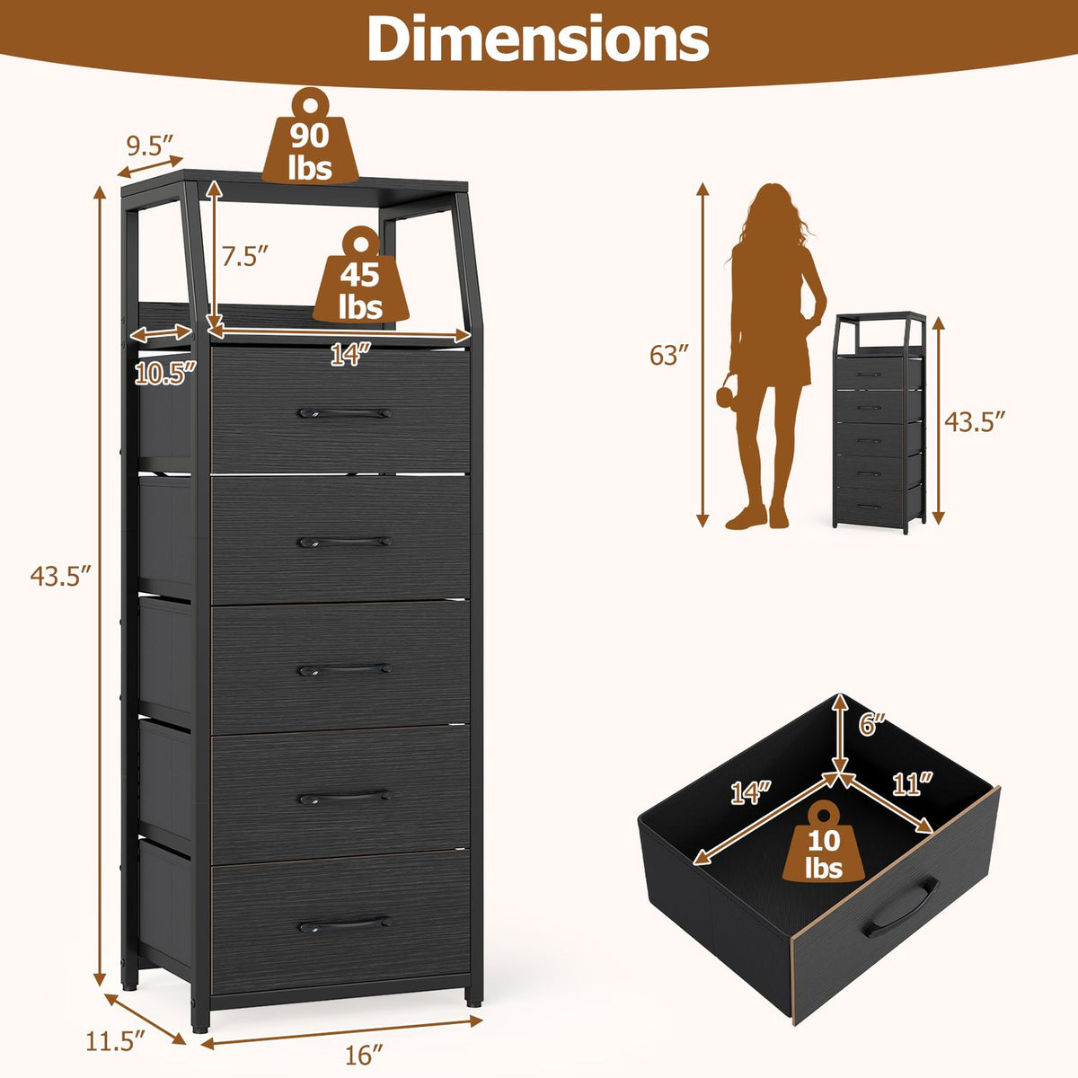Charcoal five-drawer dresser with two open shelves, shown with dimension arrows and a separate drawer view.