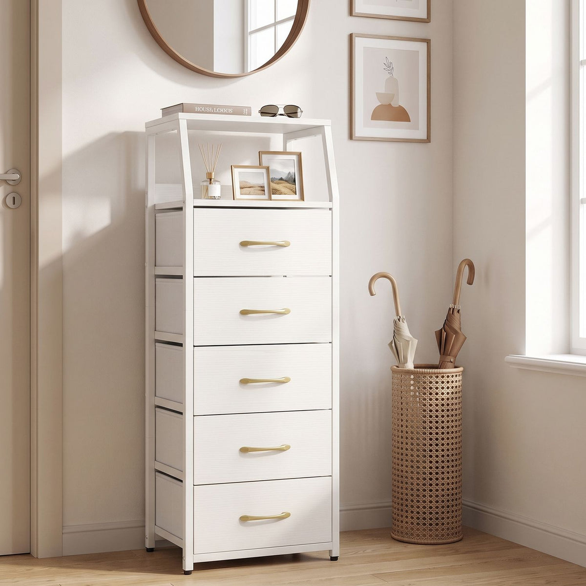White five-drawer dresser with an open display shelf beside a window and woven umbrella basket.