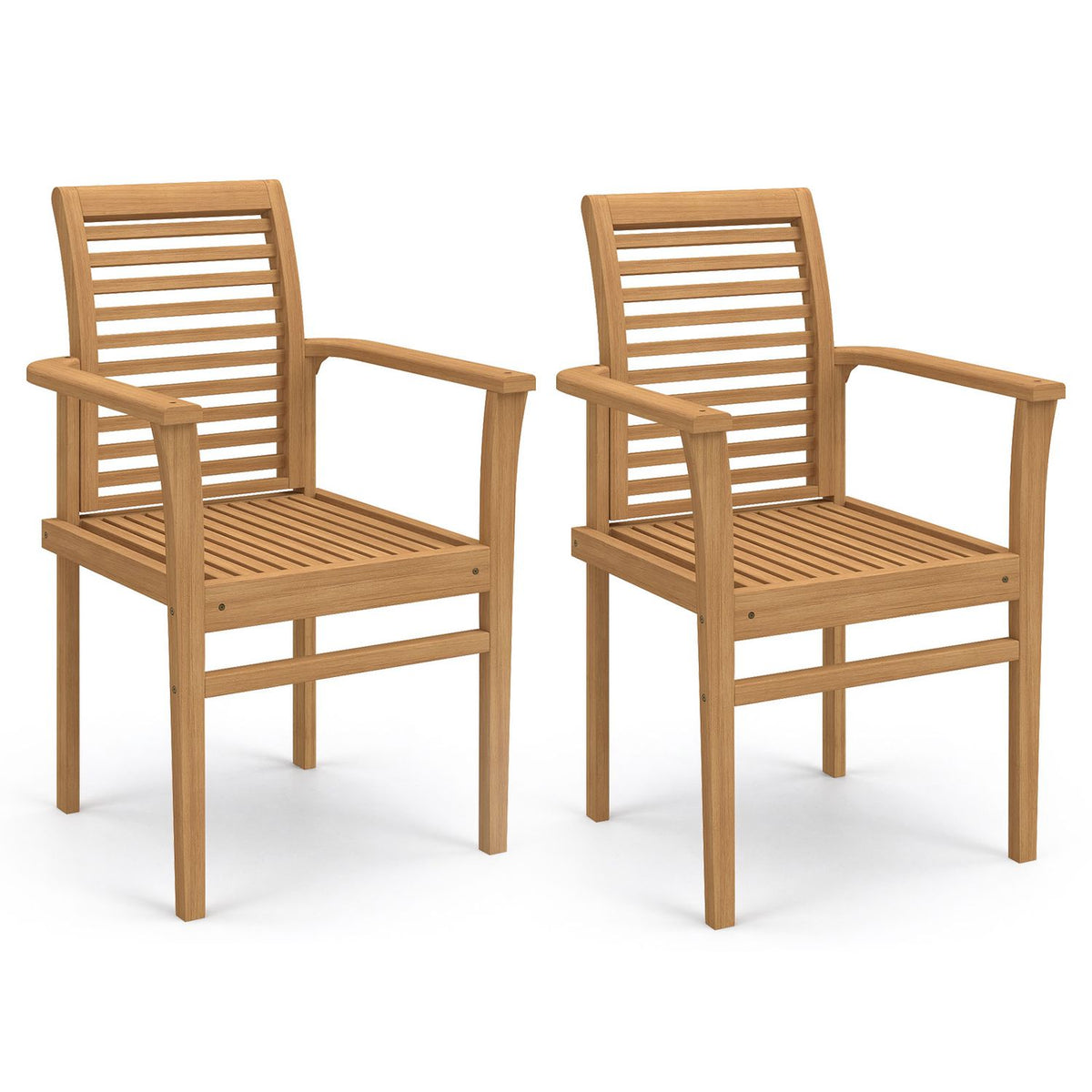 Two wooden outdoor armchairs shown against a plain white background.