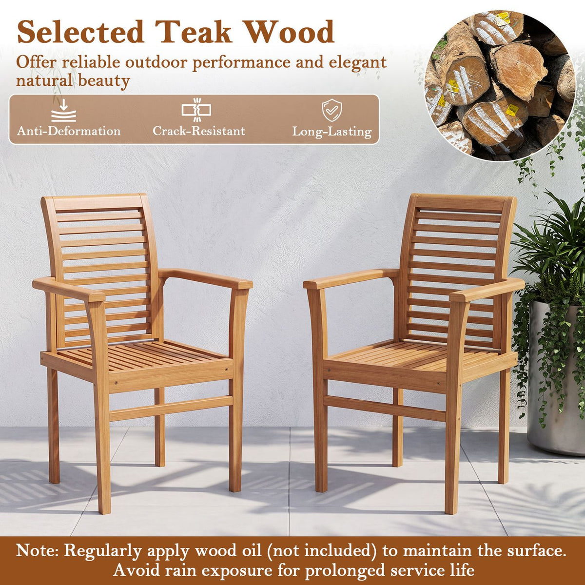 Two wooden slat-back chairs sit outdoors beside a circular inset of cut wood logs.