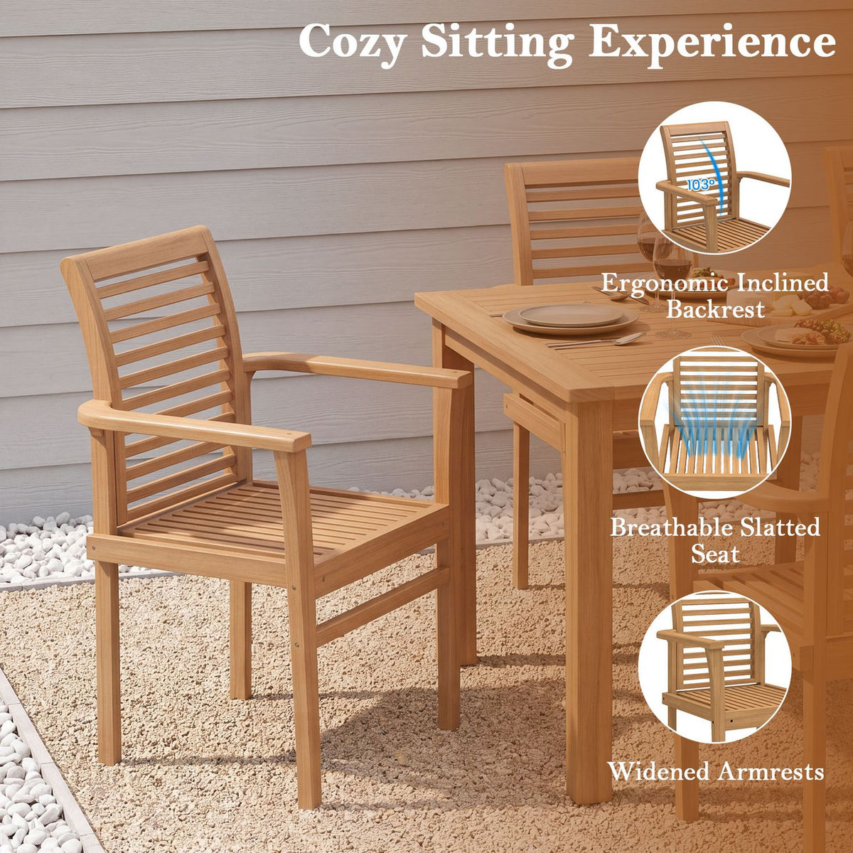 Wooden slatted armchair beside an outdoor dining table, with circular insets showing the backrest, seat, and arms.