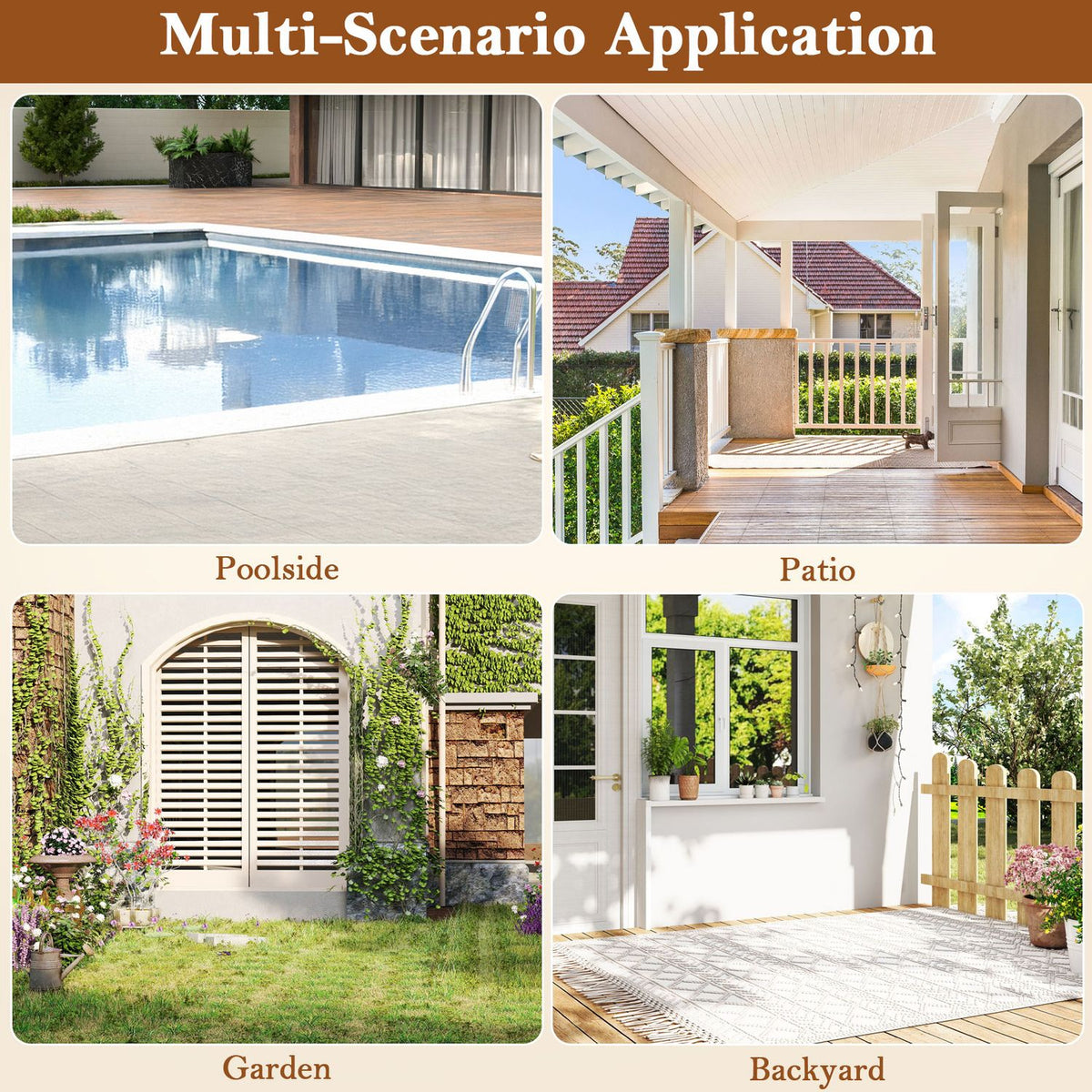 Four outdoor scenes show a swimming pool, covered patio, garden, and bright backyard terrace.