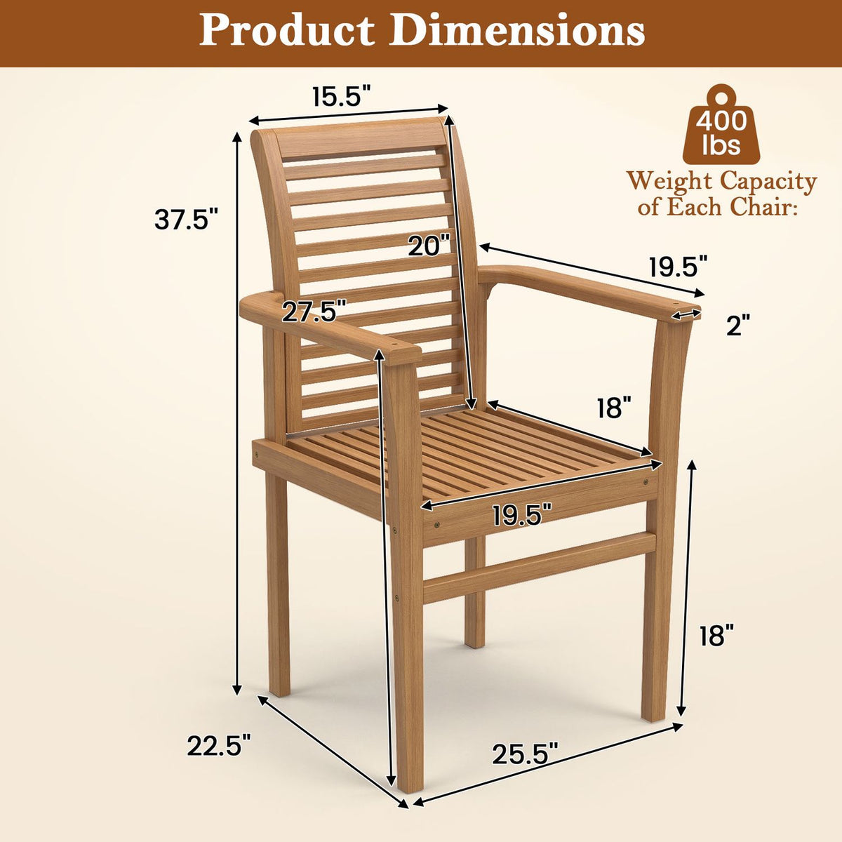 A wooden armchair is shown with arrows and measurements marking its dimensions.