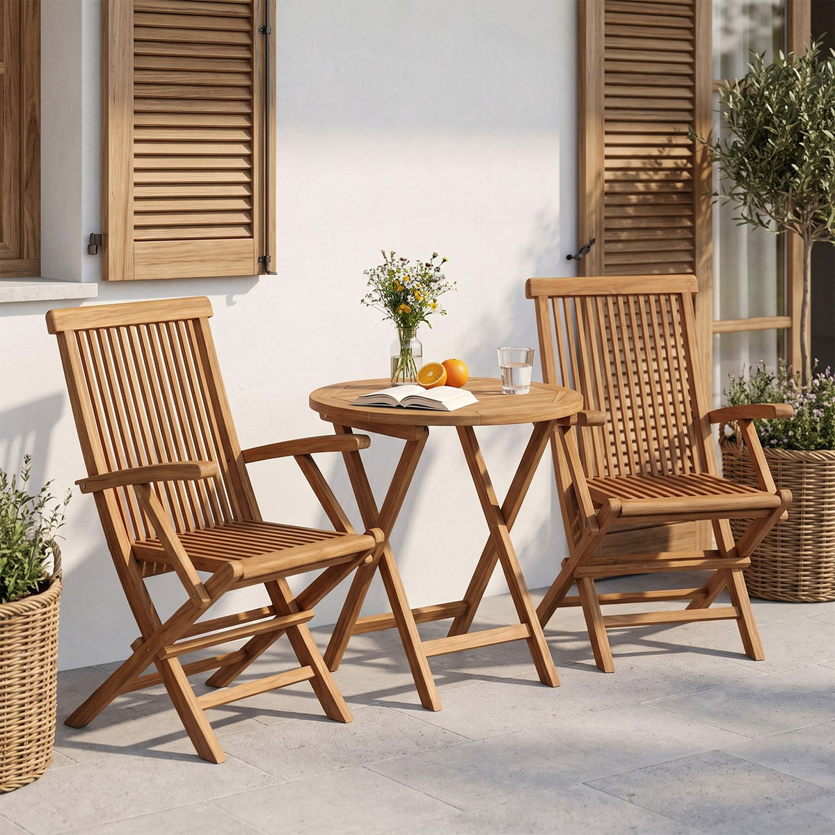 Two slatted wooden folding chairs with armrests beside a small round table on a sunny patio.